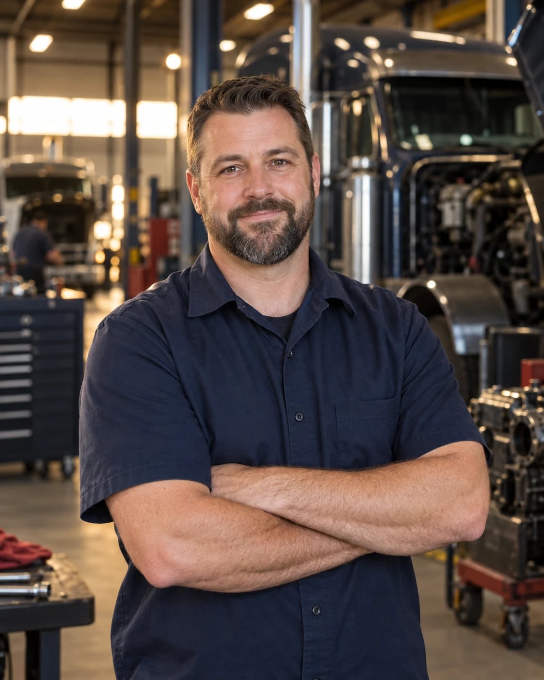 Johnny, a heavy-duty mechanic, standing with arms crossed in a truck service bay