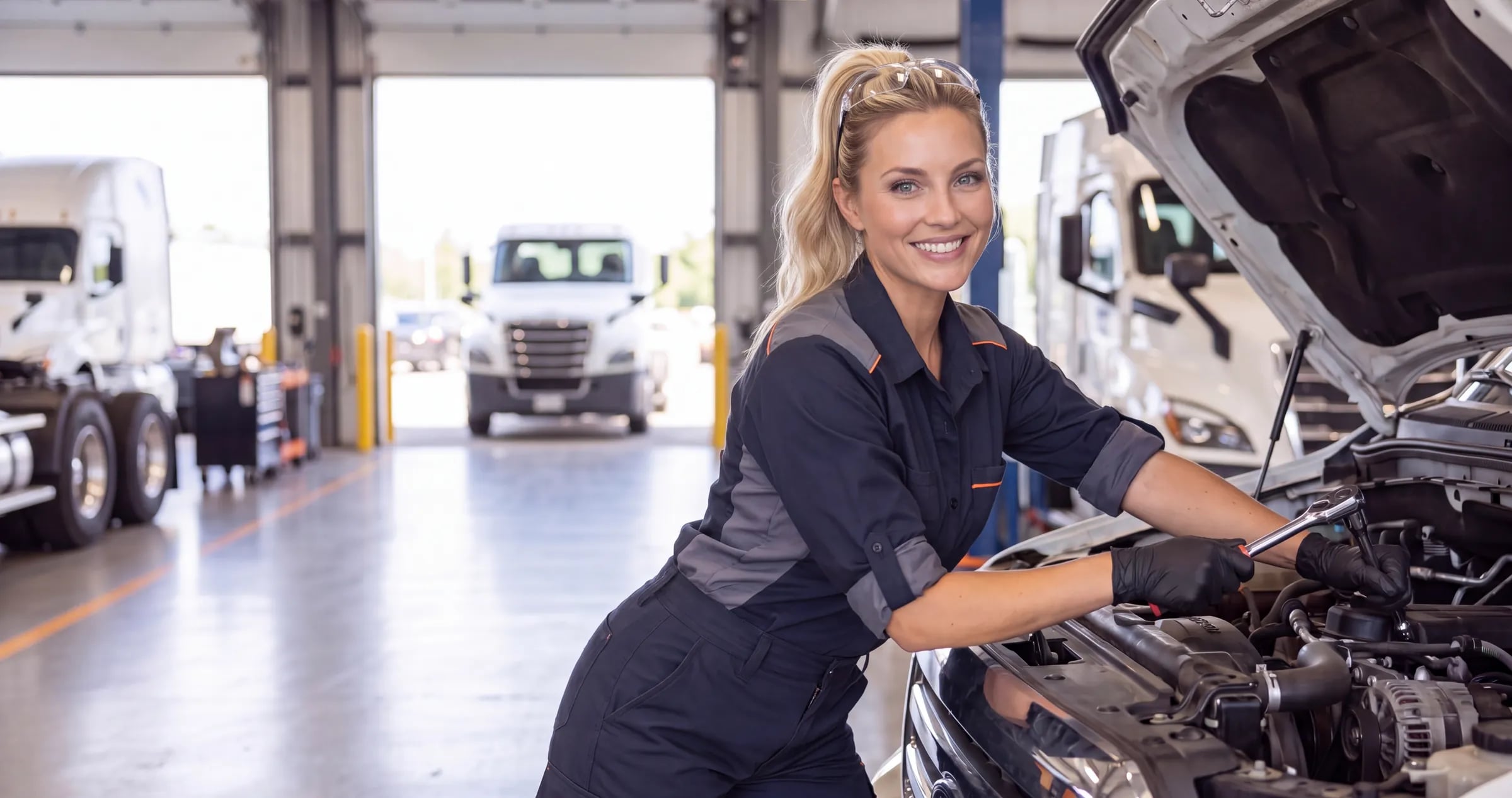 Smiling technician with her hair tied back in a ponytail, in a navy work uniform and gloves, working on an engine in a bright truck shop