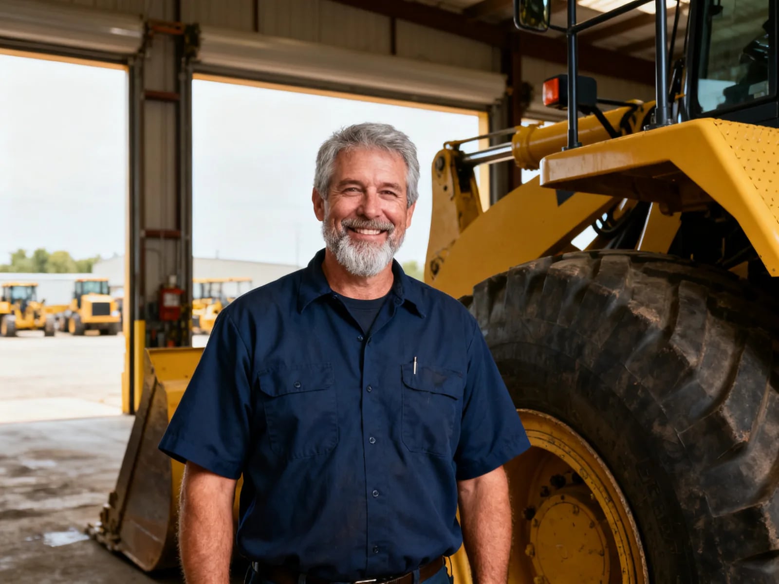 A grey-bearded heavy equipment technician smiling beside a wheel loader in an open service bay