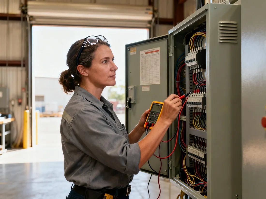 An industrial electrician testing a control panel with a multimeter